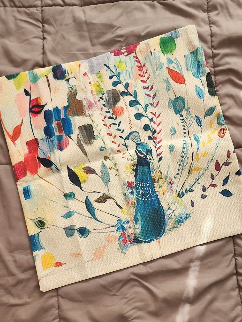 Colorful Peacock Canvas Throw Pillow Cover - Multicolor